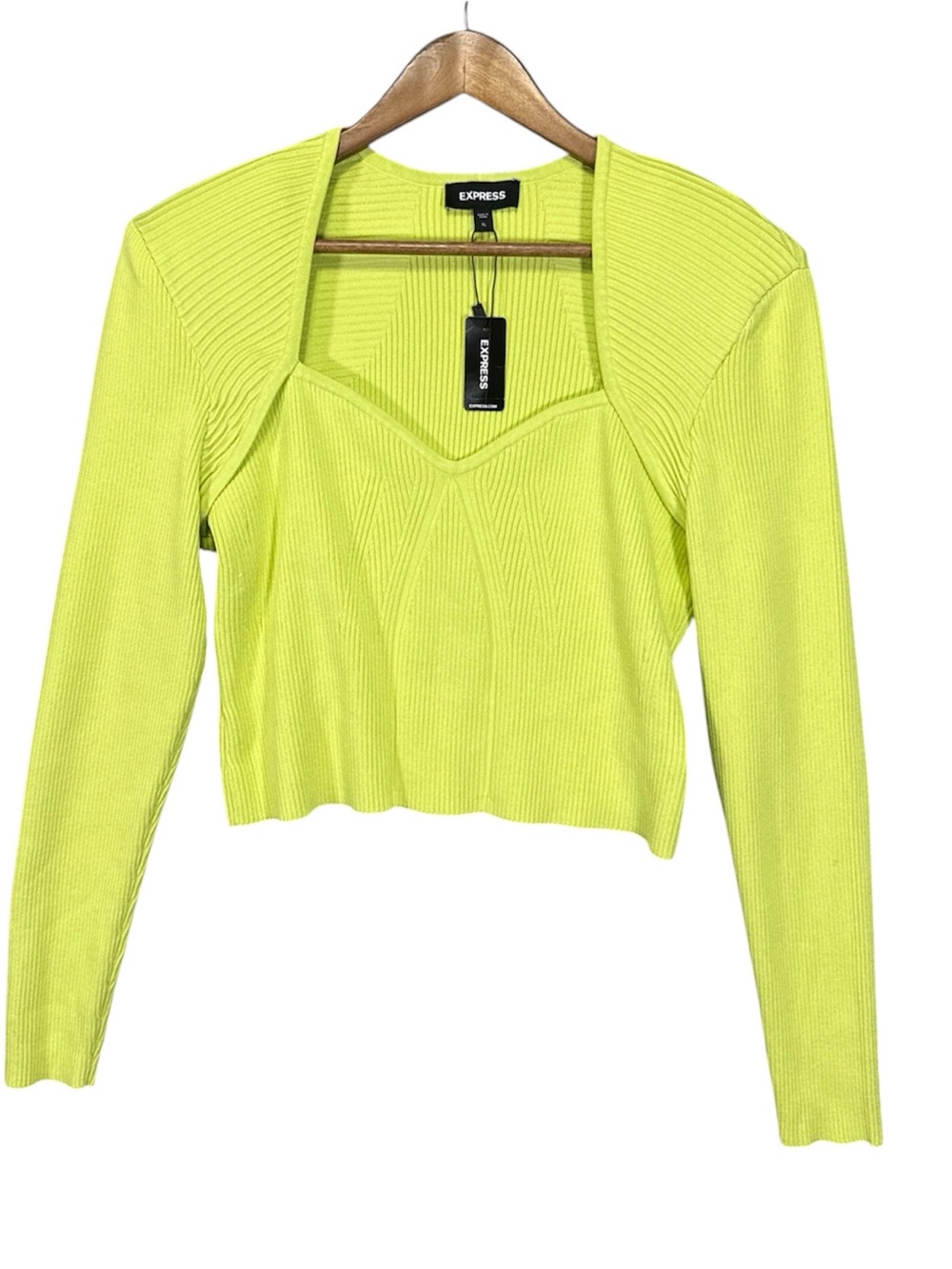 NWT Express Lime Green Ribbed Knit Sweater Top Cropped Sweetheart Neck XL